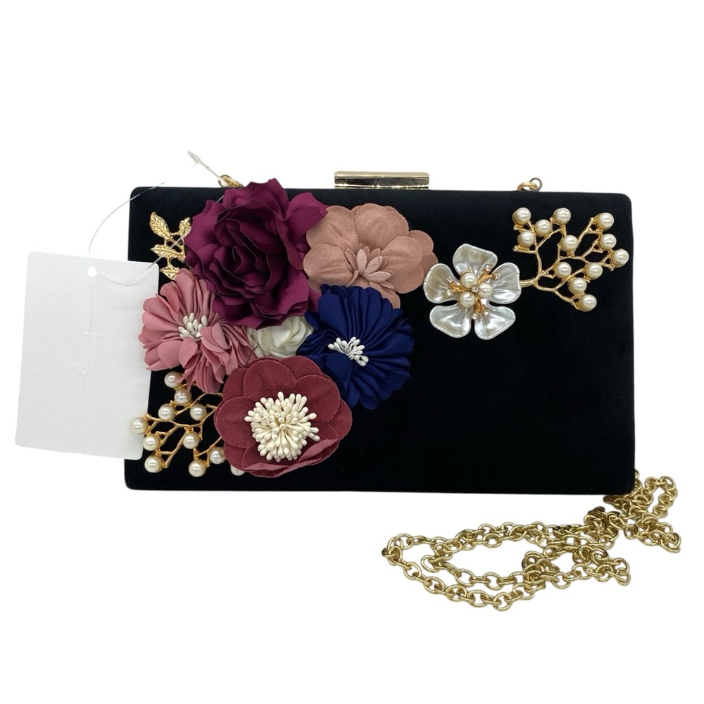 Floral Appliqué & Faux Pearl Black Velvet Clutch Evening Bag